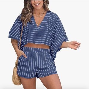 Womens 2 Piece Outfit Striped Short Sleeve Blouse Top and Loose Mini Shorts Outf